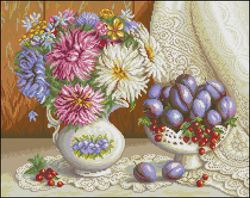 Still life flowers and plums